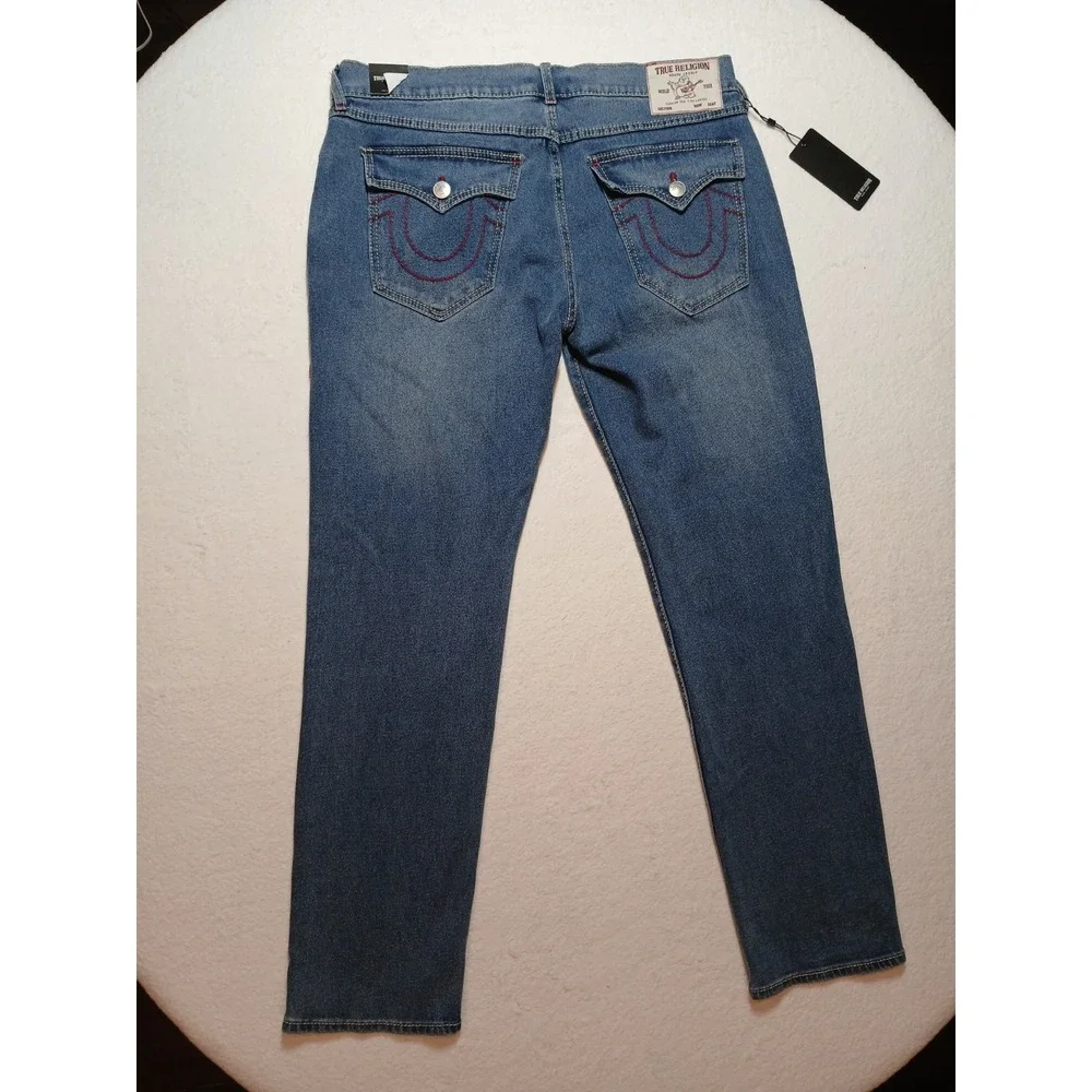 NWT True Religion Geno Big T Flap Slim Jeans Men 36x32 Light Pacific Wash $204
